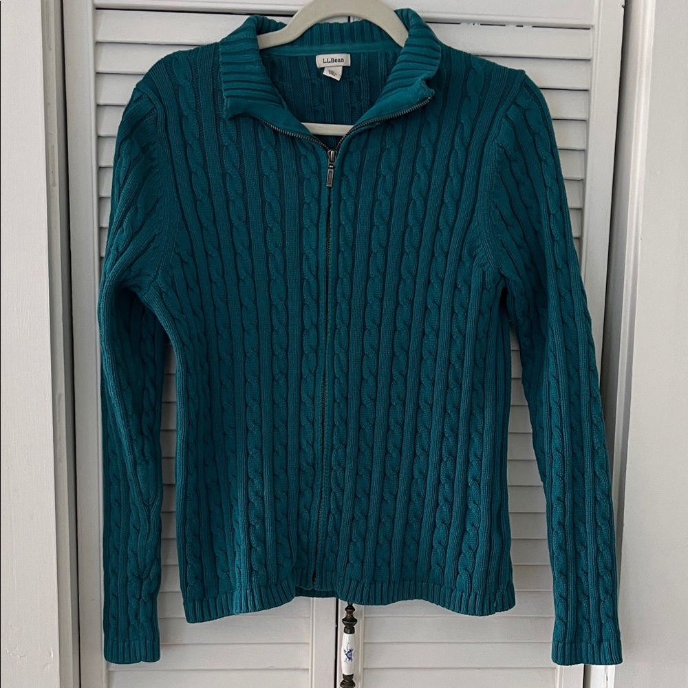 LL Bean Cotton Cable knit Zip Up Cardigan Sz Large Teal Sweater - Picture 3 of 5